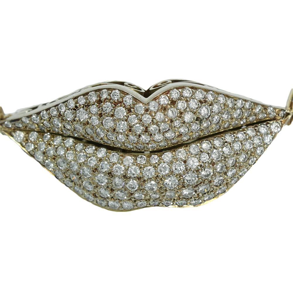 14K Two Tone Gold Handmade Choker Necklace with Pave Diamond Lips. It Has 173 Diamonds Weighing Approximately 3.00 Carats Total Weight. It Measures 4.5 Inches In Width and Weighs a Total Of 32.8 Grams.
