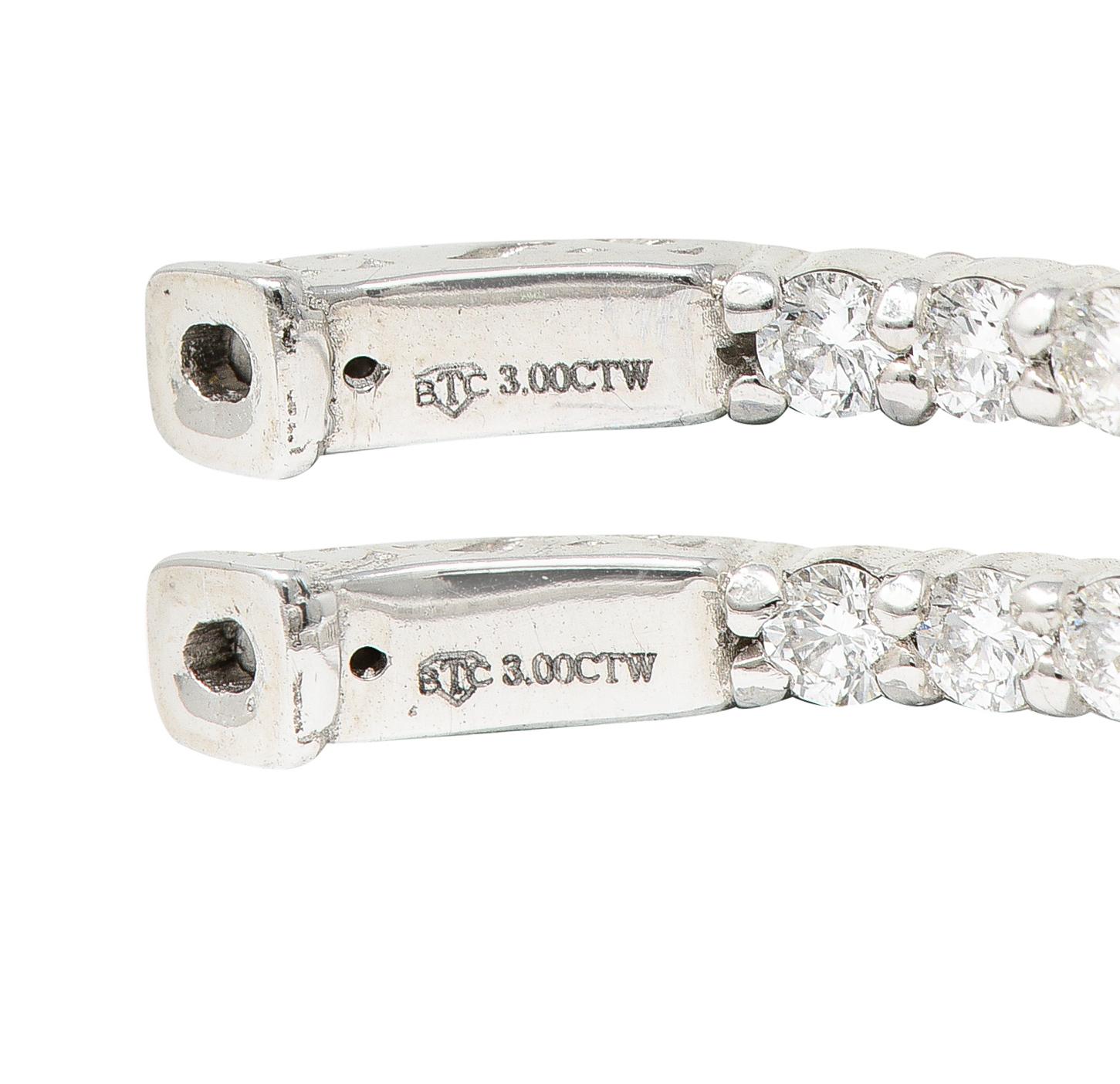 Contemporary 3.00 Carats Diamond 14 Karat White Gold Inside Outside Oval Hoop Earrings For Sale