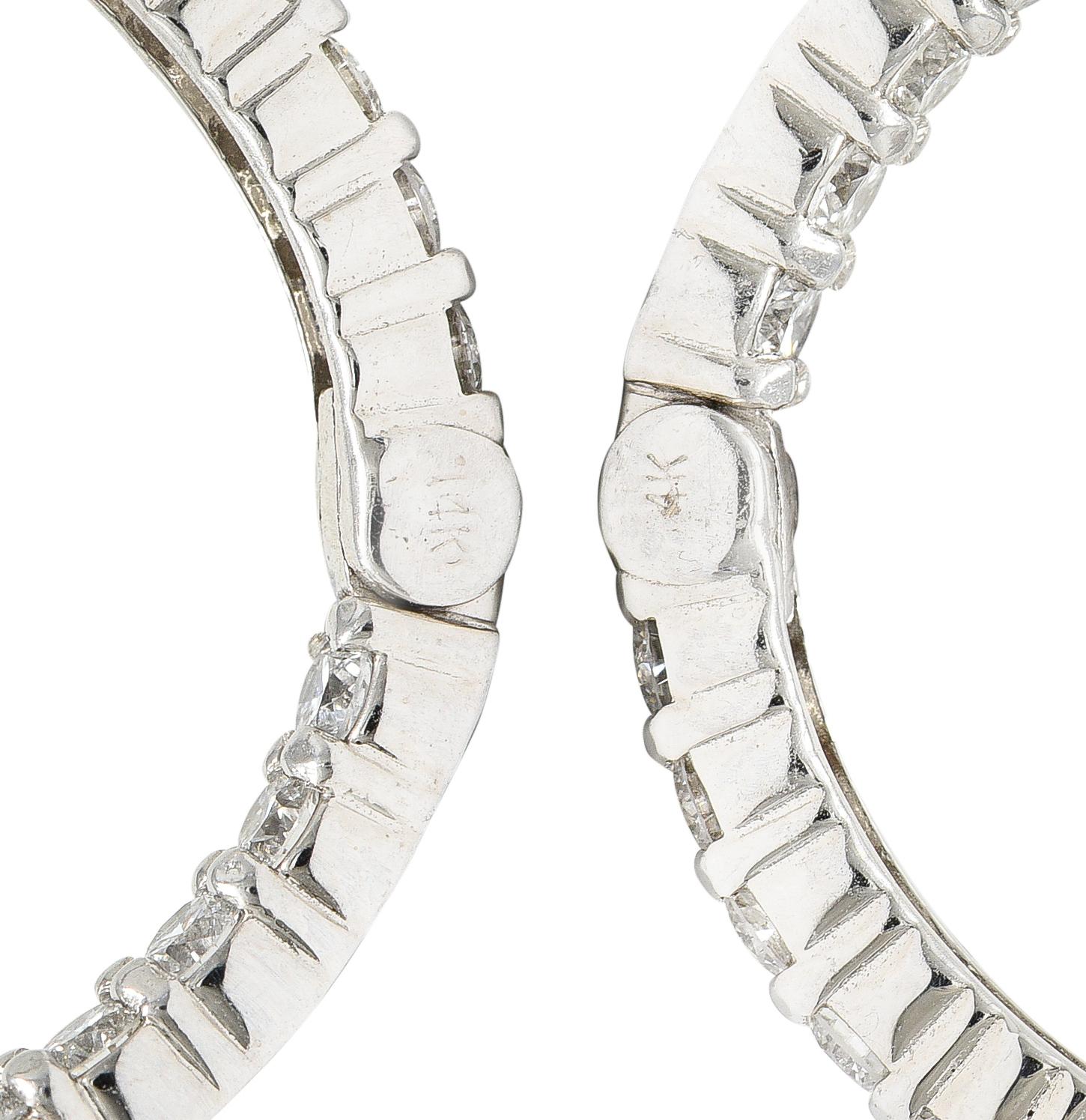 Brilliant Cut 3.00 Carats Diamond 14 Karat White Gold Inside Outside Oval Hoop Earrings For Sale