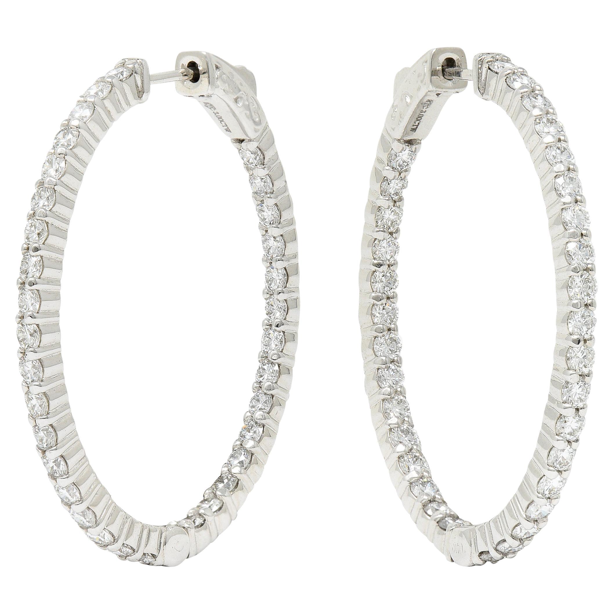 3.00 Carats Diamond 14 Karat White Gold Inside Outside Oval Hoop Earrings For Sale