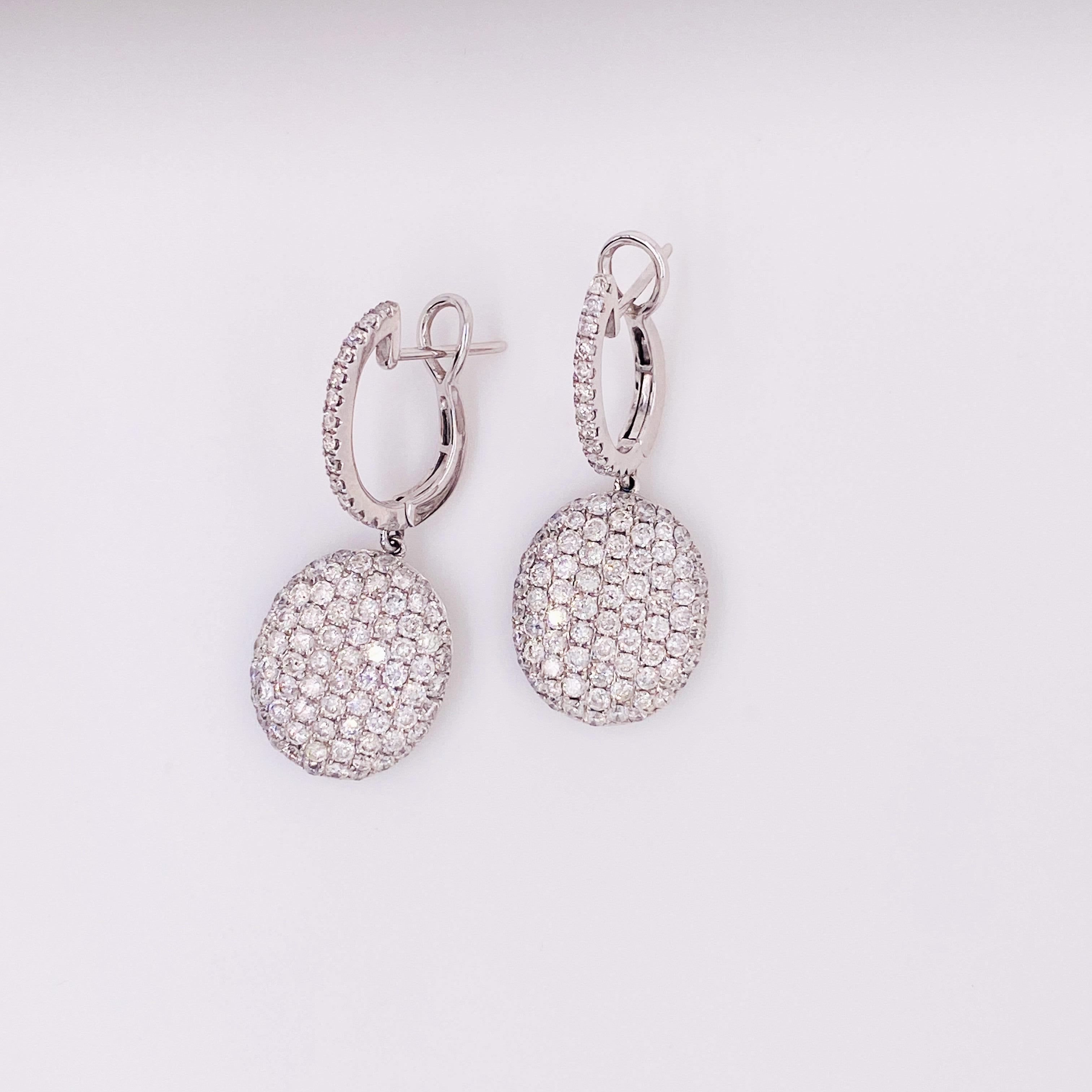 Round Cut 3.00 Carats Pavé Diamonds Huggie Hoops & Oval Drops 1.4-inches 14K White Gold For Sale