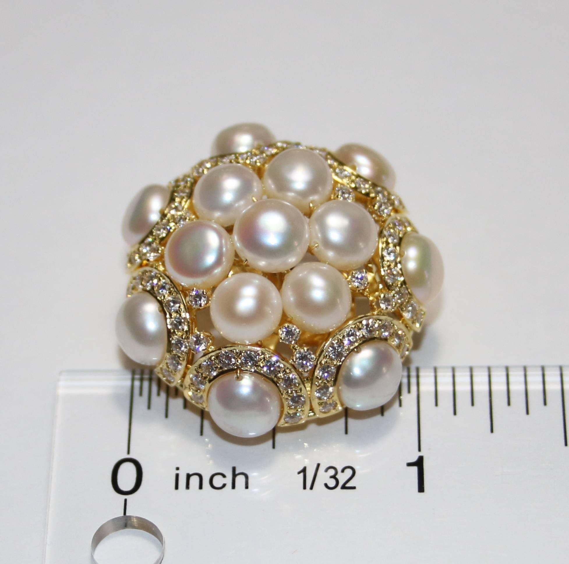 Round Cut 3.00 Carat Diamonds and Pearls Clip-On Gold Button Earrings For Sale