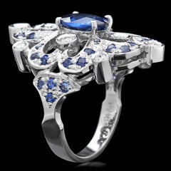 3.00 Carats Natural Blue Sapphire and Diamond 14K Solid White Gold Ring