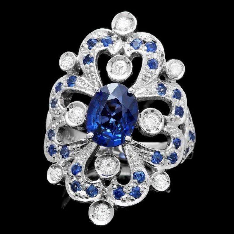Mixed Cut 3.00 Carats Natural Blue Sapphire and Diamond 14K Solid White Gold Ring For Sale