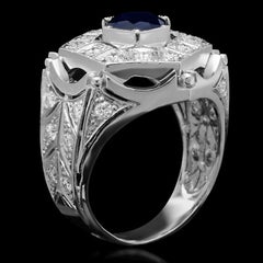 3.00 Carats Natural Blue Sapphire & Diamond 14K Solid White Gold Men's Ring