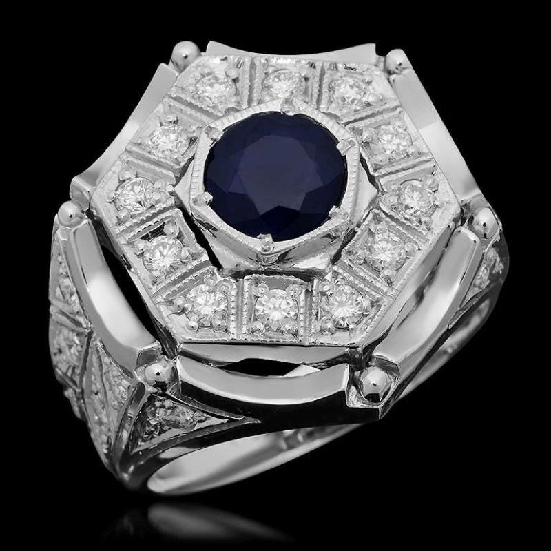 Mixed Cut 3.00 Carats Natural Blue Sapphire & Diamond 14K Solid White Gold Men's Ring For Sale