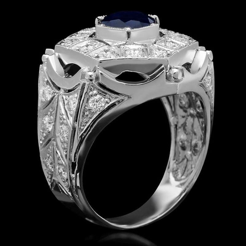 3.00 Carats Natural Blue Sapphire & Diamond 14K Solid White Gold Men's Ring In New Condition For Sale In Los Angeles, CA