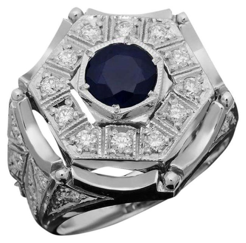 3.00 Carats Natural Blue Sapphire & Diamond 14K Solid White Gold Men's Ring For Sale