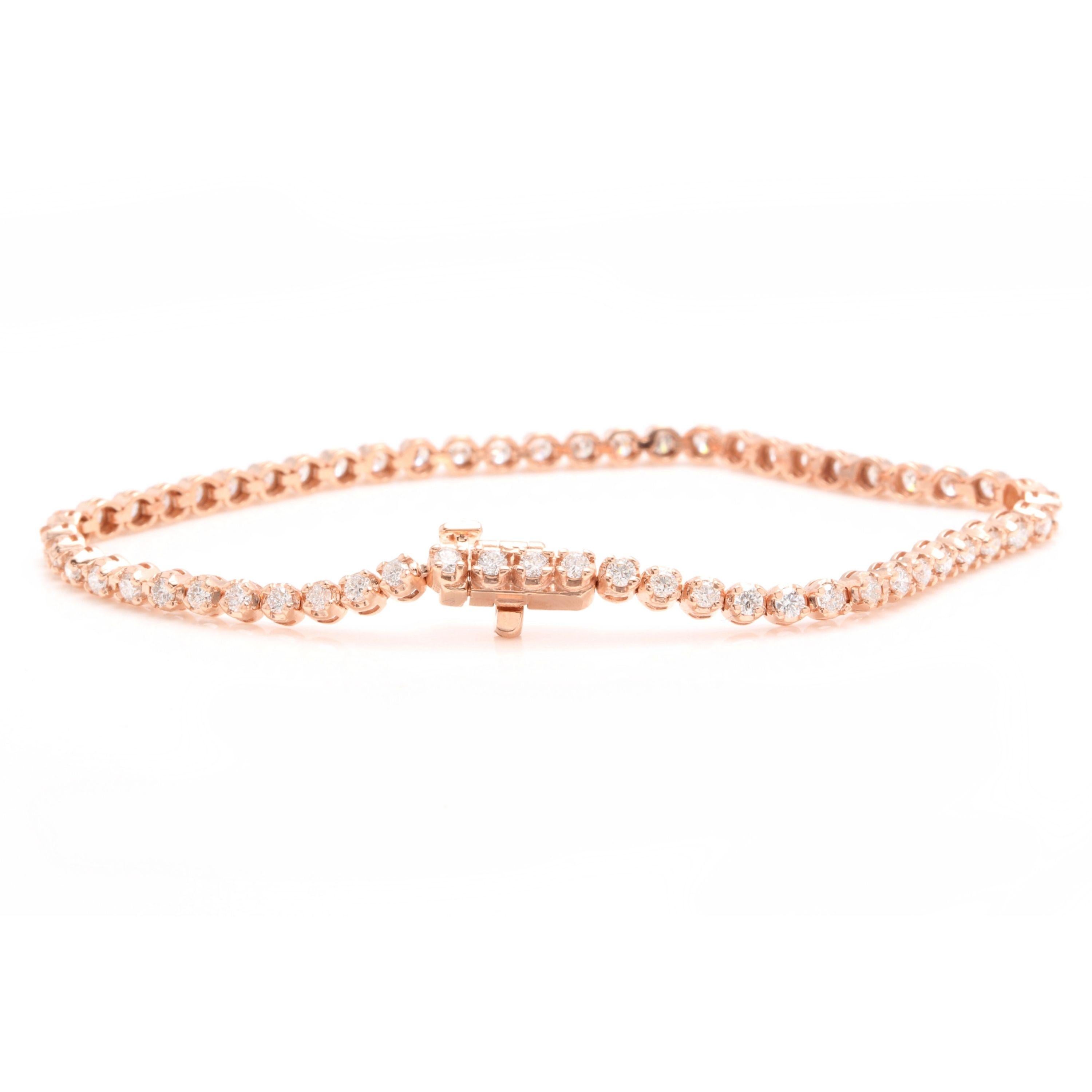Very Impressive 3.00 Carats Natural Diamond 14K Solid Rose Gold Bracelet

STAMPED: 14K

Total Natural Round Diamonds Weight: 3.00 Carats (58 diamonds) (color G-H / Clarity SI1-SI2)

Bracelet Length is: 7 inches

Width: 3.00mm

Bracelet total weight: