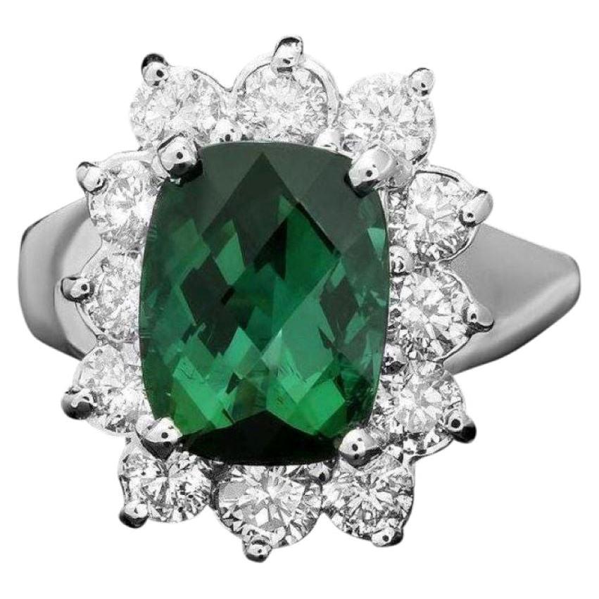 3.00 Carats Natural Green Tourmaline and Diamond 14K Solid White Gold Ring