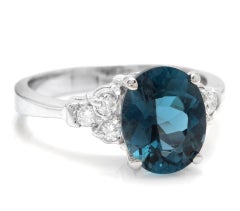 3.00 Carat Natural Impressive London Blue Topaz and Diamond 14k White Gold Ring