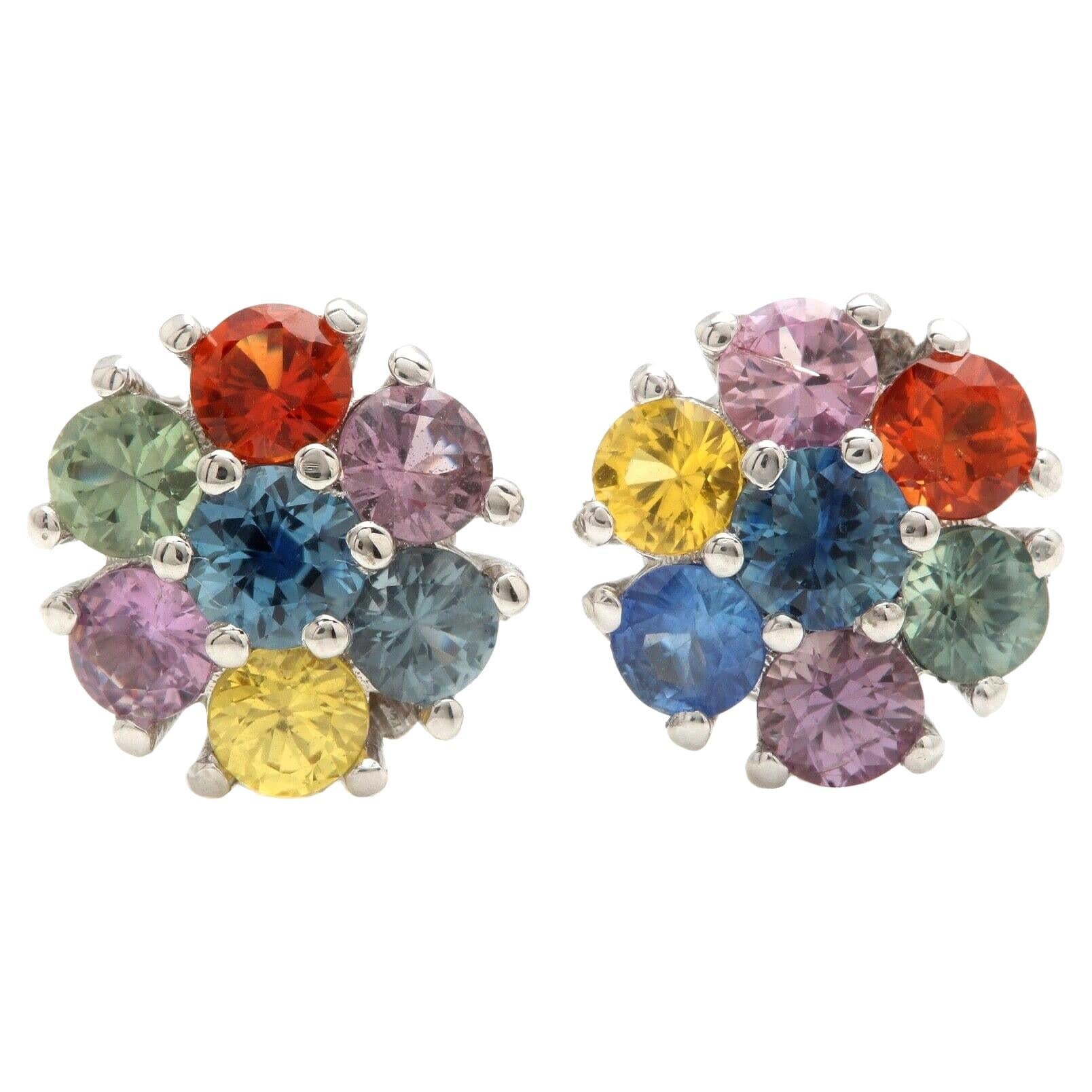 3.00 Carats Natural Multi-Color Sapphire 14K Solid White Gold Stud Earrings For Sale