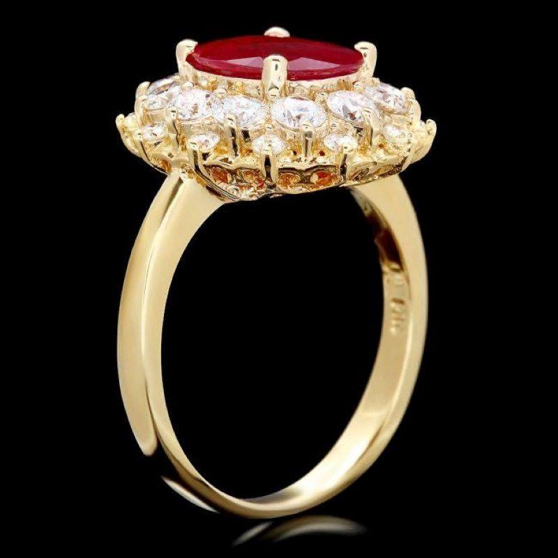 Anillo de oro amarillo macizo de 14 quilates con rubí rojo natural y diamantes de 3,00 quilates

El peso total del rubí rojo es Aprox. 1.80 Quilates

Medidas del rubí: Aprox. 10,00 x 8,00mm

Tratamiento del rubí: Relleno de fracturas

Diamantes