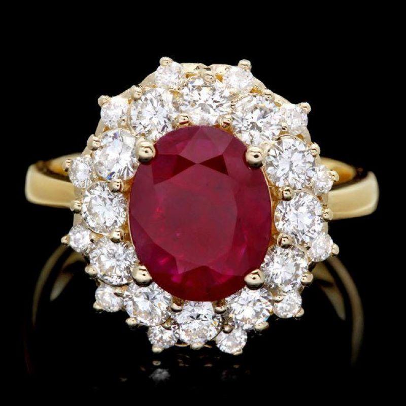 Anillo de oro amarillo macizo de 14 quilates con rubí rojo natural y diamantes de 3,00 quilates Corte mixto en venta