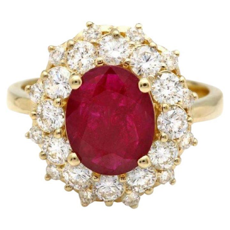 Bague en or jaune massif 14 carats avec rubis rouge naturel de 3,00 carats et diamants