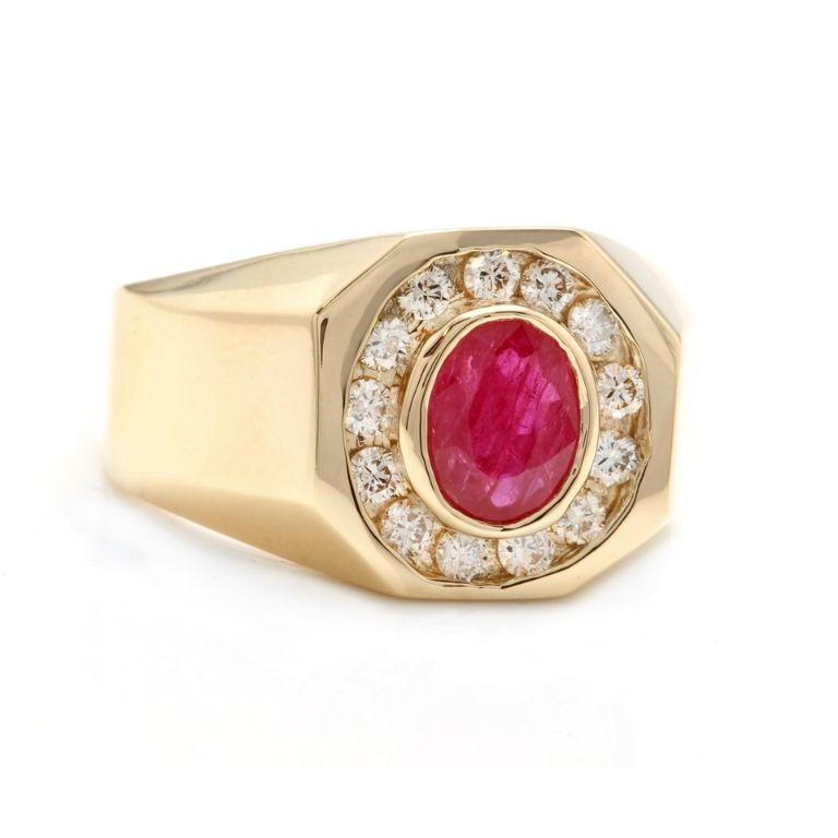 3.00 Carats Natural Ruby and Diamond 14K Solid Yellow Gold Men's Ring

Amazing looking piece!

Total Natural Round Cut Diamonds Weight: Approx. 0.80 Carats (color G-H / Clarity SI1-SI2)

Total Ruby Weight is: Approx. 2.20 Carats

Ruby Treatment:
