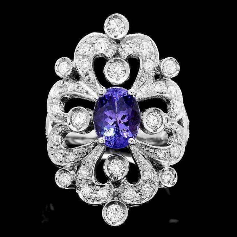 Mixed Cut 3.00 Carats Natural Tanzanite and Diamond 14K Solid White Gold Ring For Sale