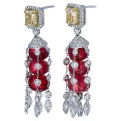Boucles d'oreilles fantaisie en or 18 carats avec rubis et diamants jaunes taille octogonale de 3,00 carats