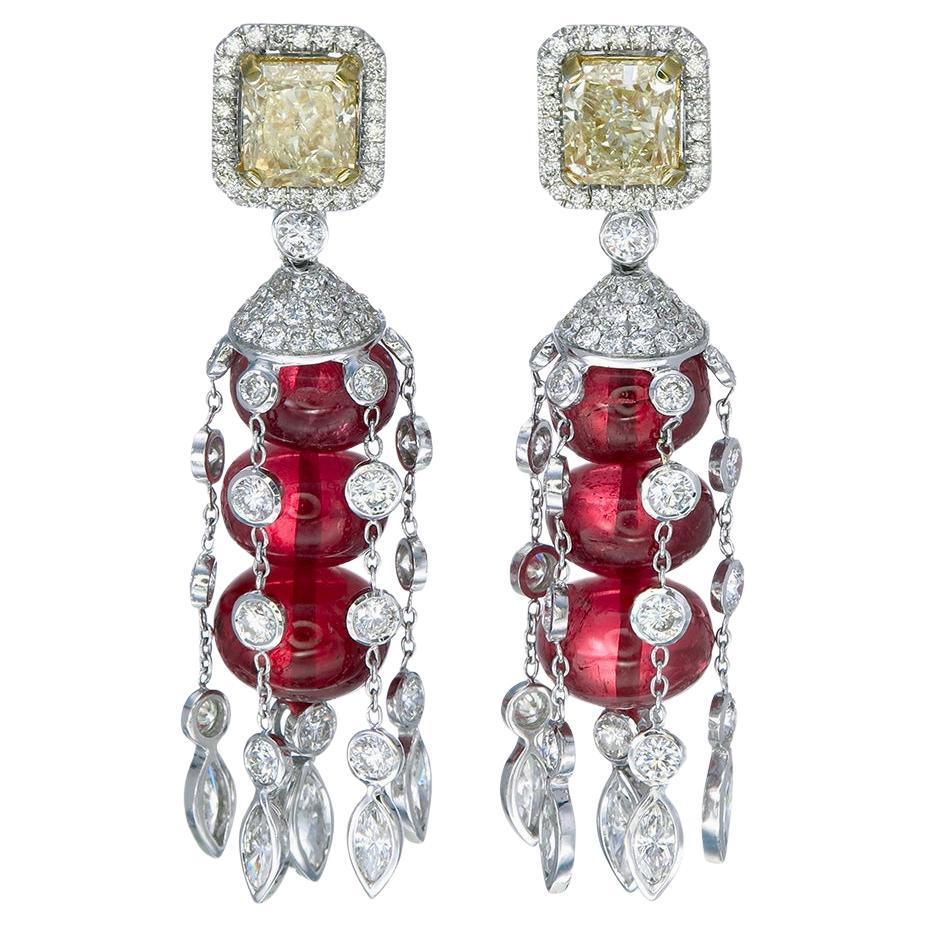 3.00 Carats Octagon Cut Fancy Yellow Diamond Earrings with Rubies in 18K W/G For Sale