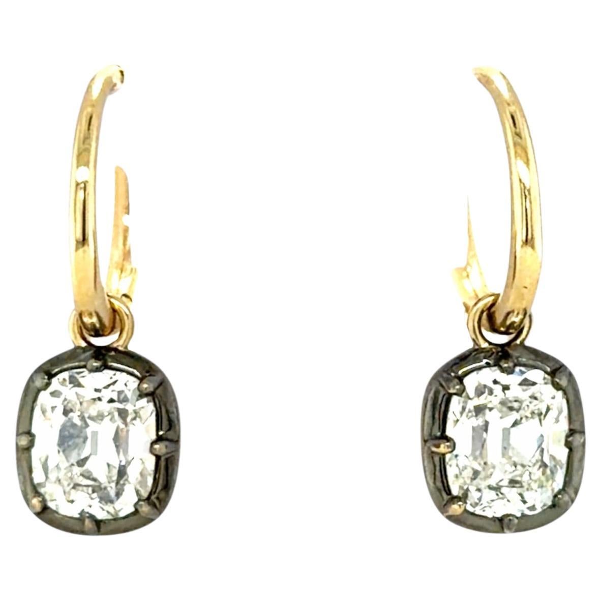 3.00 Carats Old Mine Cut Diamond Drop Hoop Earrings