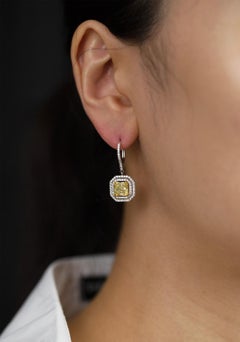 GIA Certified 3.00 Carats Total Radiant Cut Yellow Diamond Halo Dangle Earrings
