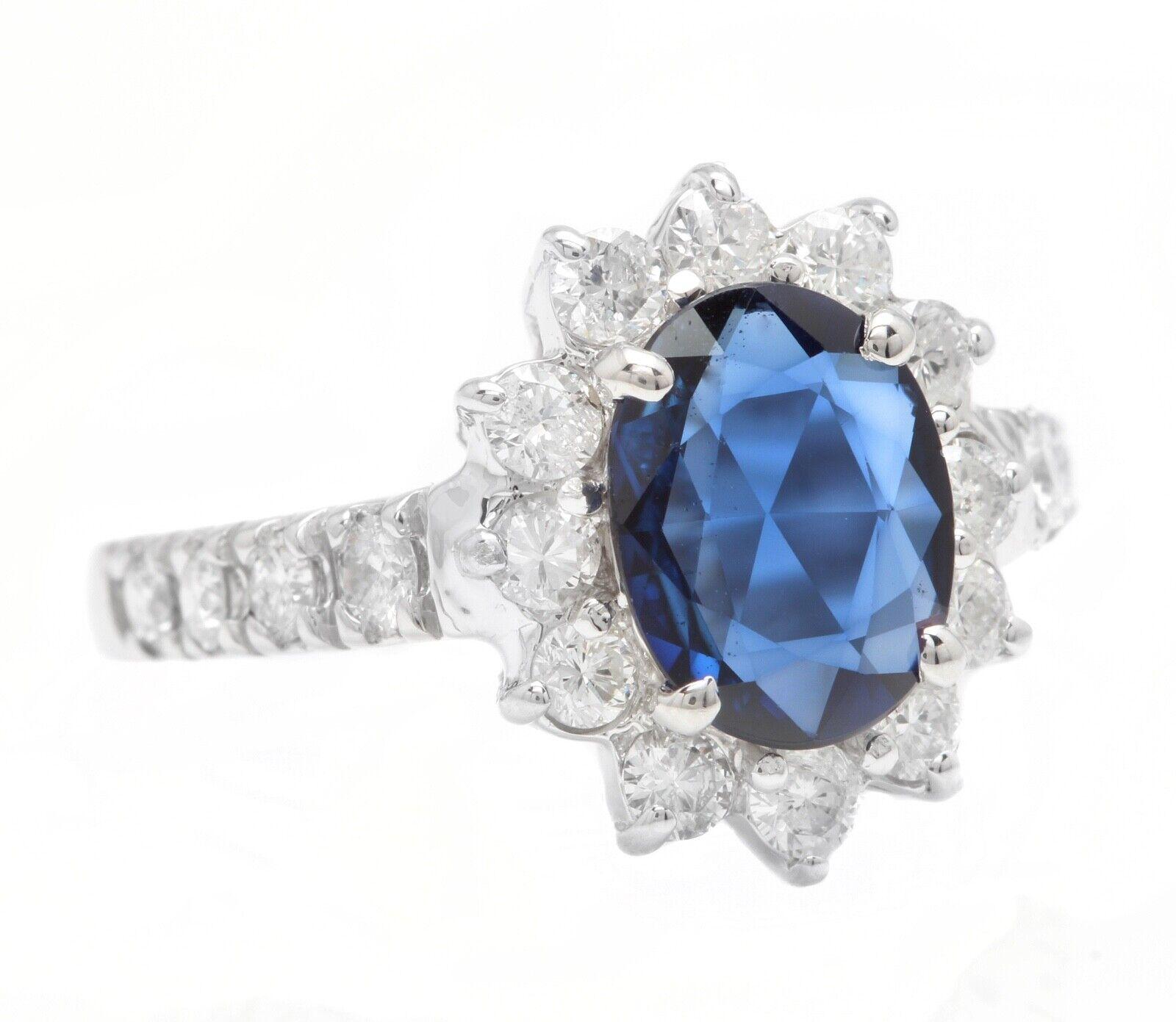 3.00 Carats Exquisite Natural Blue Sapphire and Diamond 14K Solid White Gold Ring

Suggested Replacement Value $5,000.00

Total Blue Sapphire Weight is: 2.35 Carats (Diffused)

Sapphire Measures: 9.00 x 7.00mm

Natural Round Diamonds Weight: 0.65