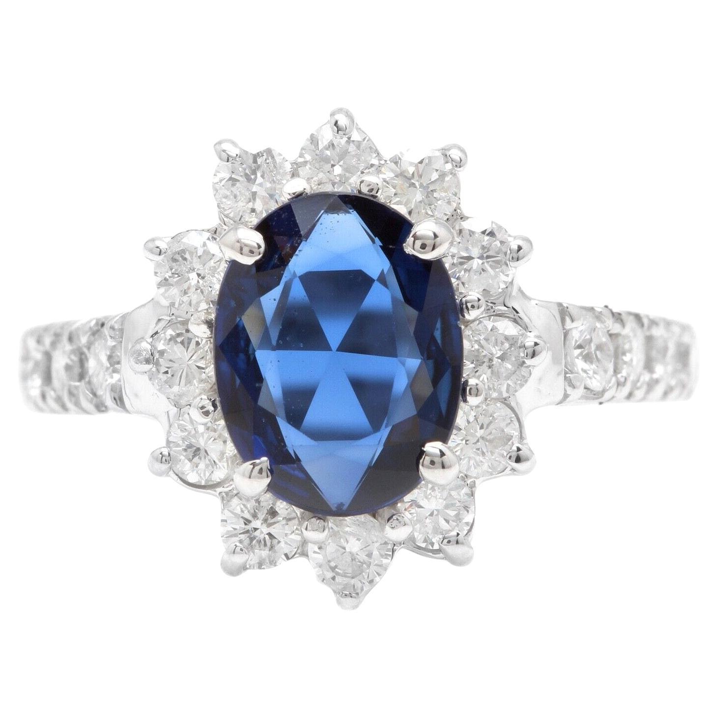 3.00ct Exquisite Natural Blue Sapphire and Diamond 14k Solid White Gold Ring For Sale