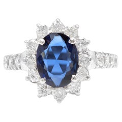 3.00ct Exquisite Natural Blue Sapphire and Diamond 14k Solid White Gold Ring
