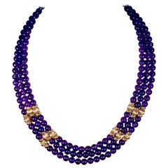 300 Ct Natural Amethyst Triple Layer Bead Necklace with 14K Gold Bead and Clasp