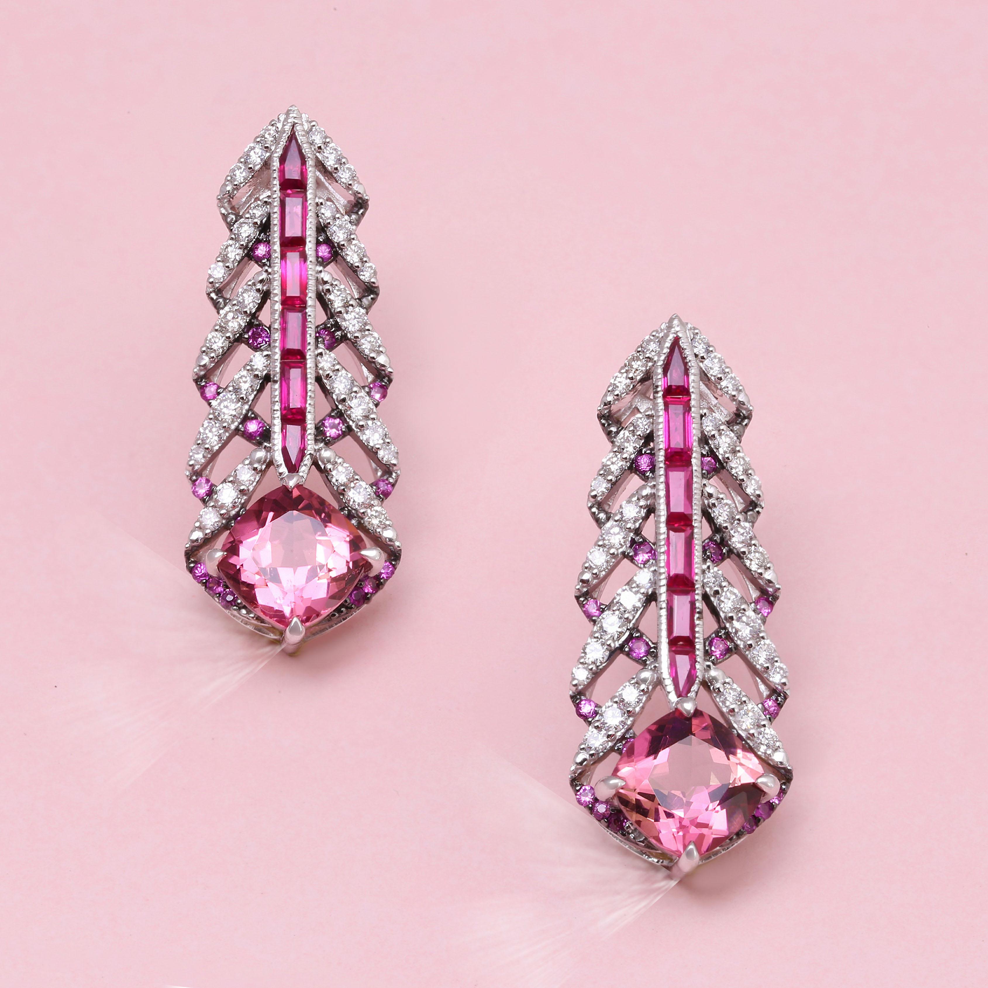 3.00 Carat TW Pink Tourmaline with Ruby, Pink Sapphire and Diamond Drop Earrings In Good Condition For Sale In New York, NY