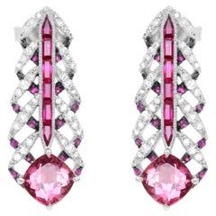 3.00 Carat TW Pink Tourmaline with Ruby, Pink Sapphire and Diamond Drop Earrings