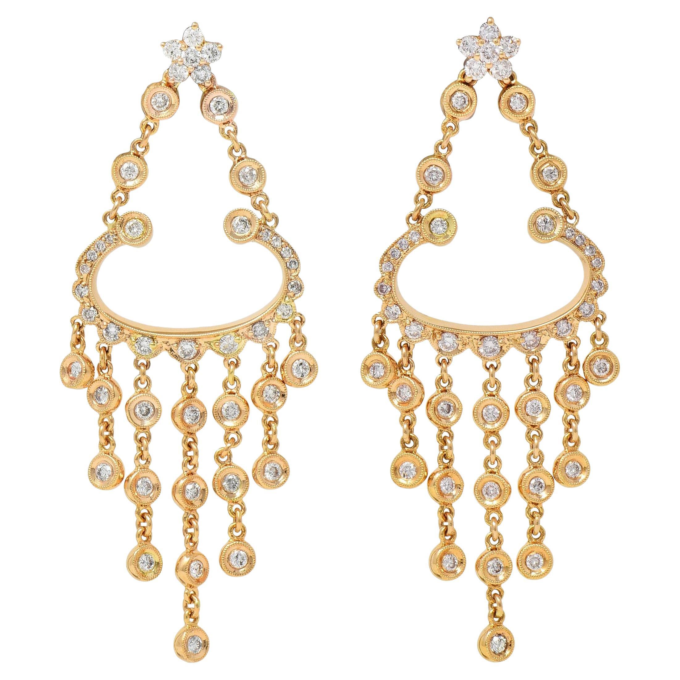 3.00 CTW Diamond 18 Karat Rose Gold Chandelier Fringe Floral Drop Earrings For Sale