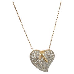 Vintage 3.00 CTW Pavé Diamond Puffed 14 Karat Two Tone Gold Heart Pendant Necklace