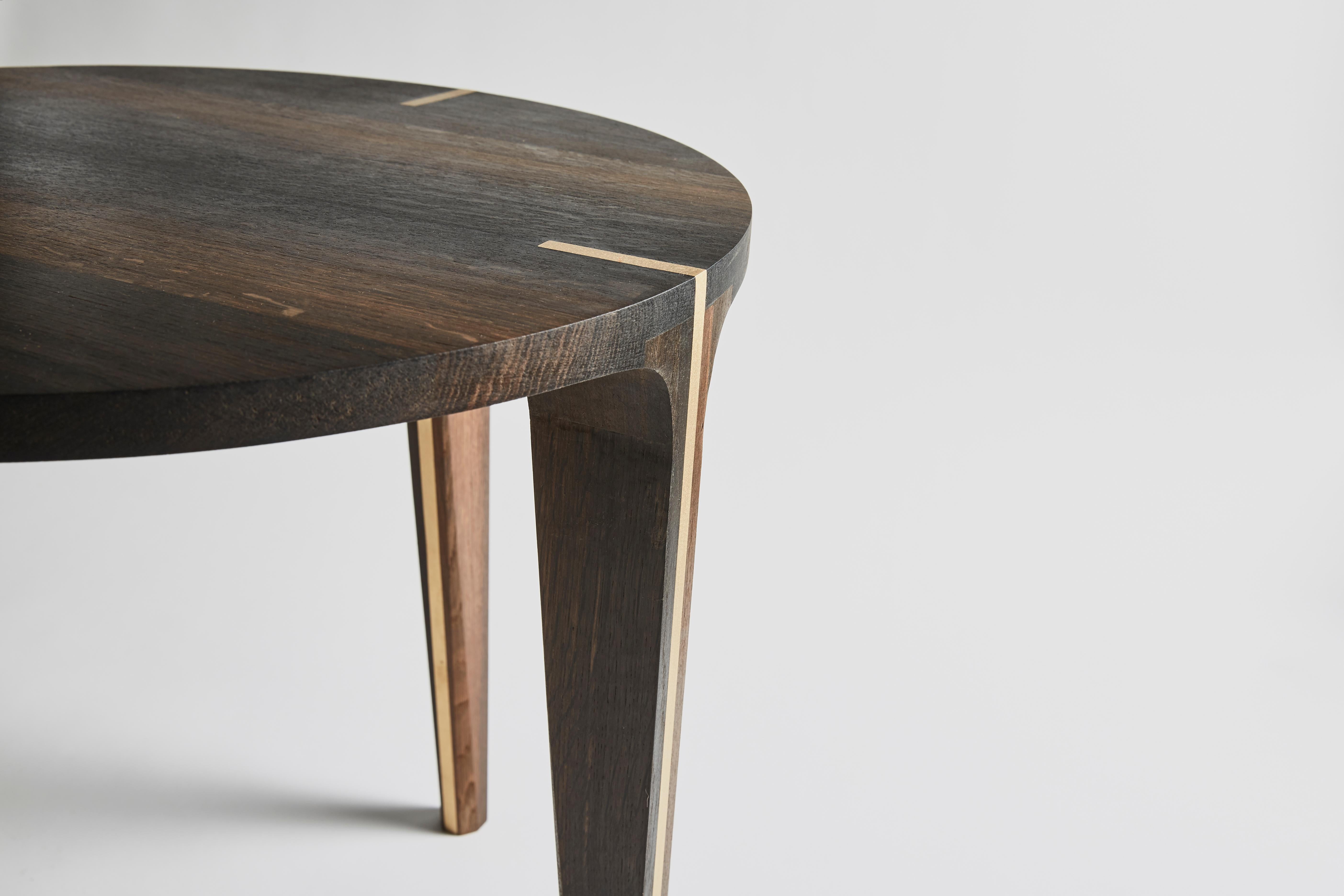 Hand-Crafted 3000-5000 Year-Old Solid Black Bog-Oak Side Table, with Solid Brass Inlay For Sale