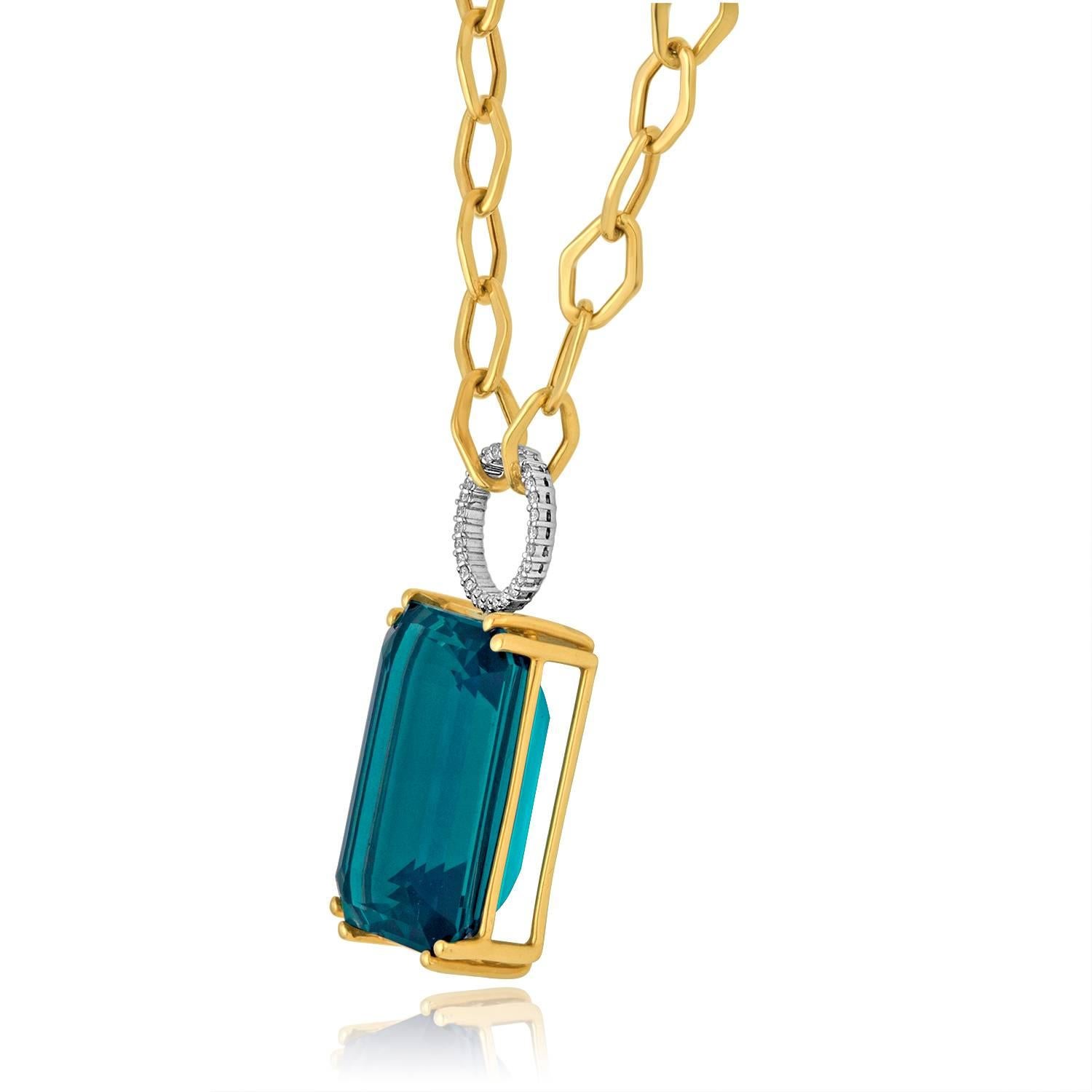 Very Large Blue Topaz Necklace
The necklace is 14K Yellow Gold
The Blue Topaz is 30.00 Carats
There are 0.20 Carats in Diamonds H/I SI
The necklace is 18