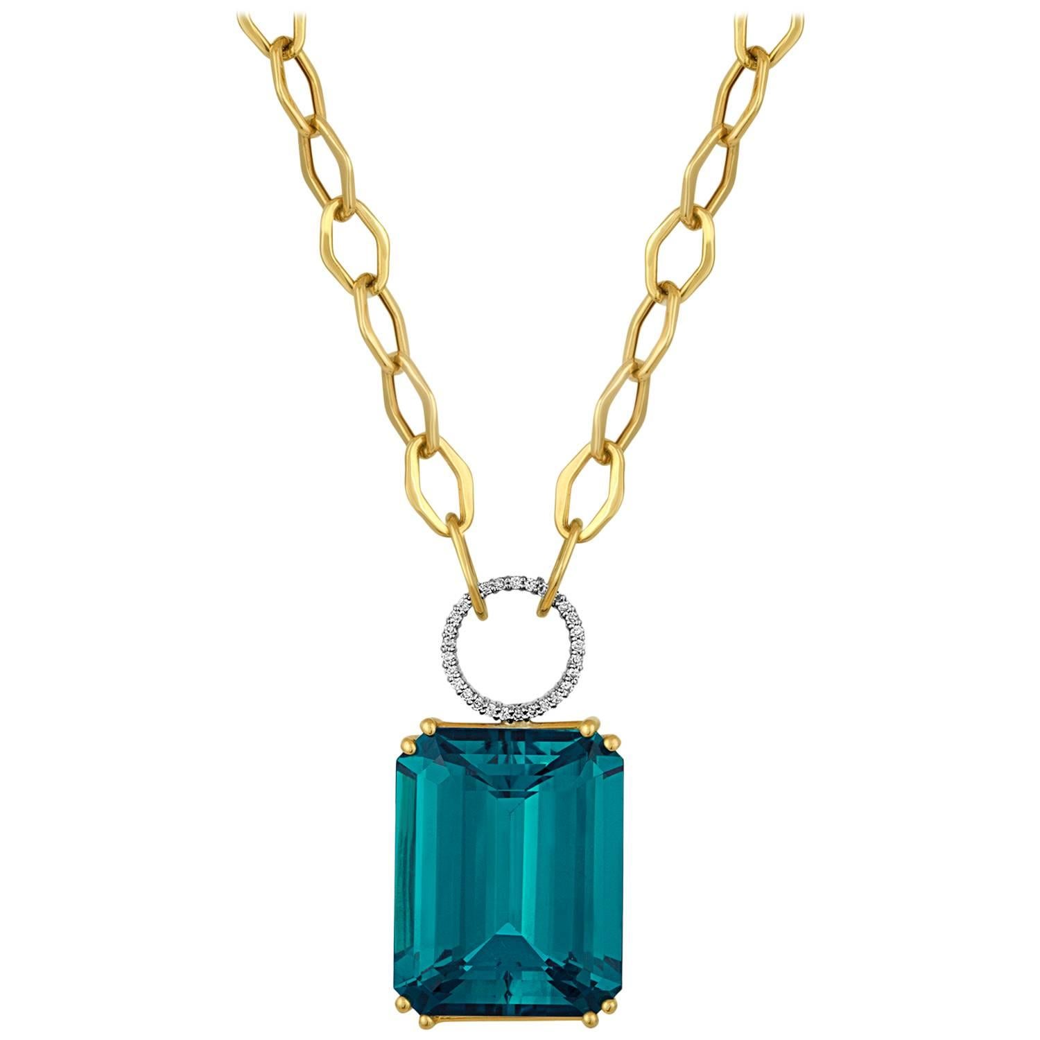 30.00 Carat Blue Topaz Diamond Gold Necklace For Sale