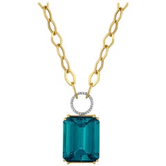 30.00 Carat Blue Topaz Diamond Gold Necklace
