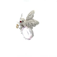 30.00 Carat Kunzite 2.20 Carat Round Brilliant Diamond 18K White Gold Pin Brooch