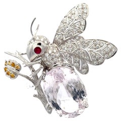 30.00 Carat Kunzite 2.20 Carat Round Brilliant Diamond 18K White Gold Pin Brooch