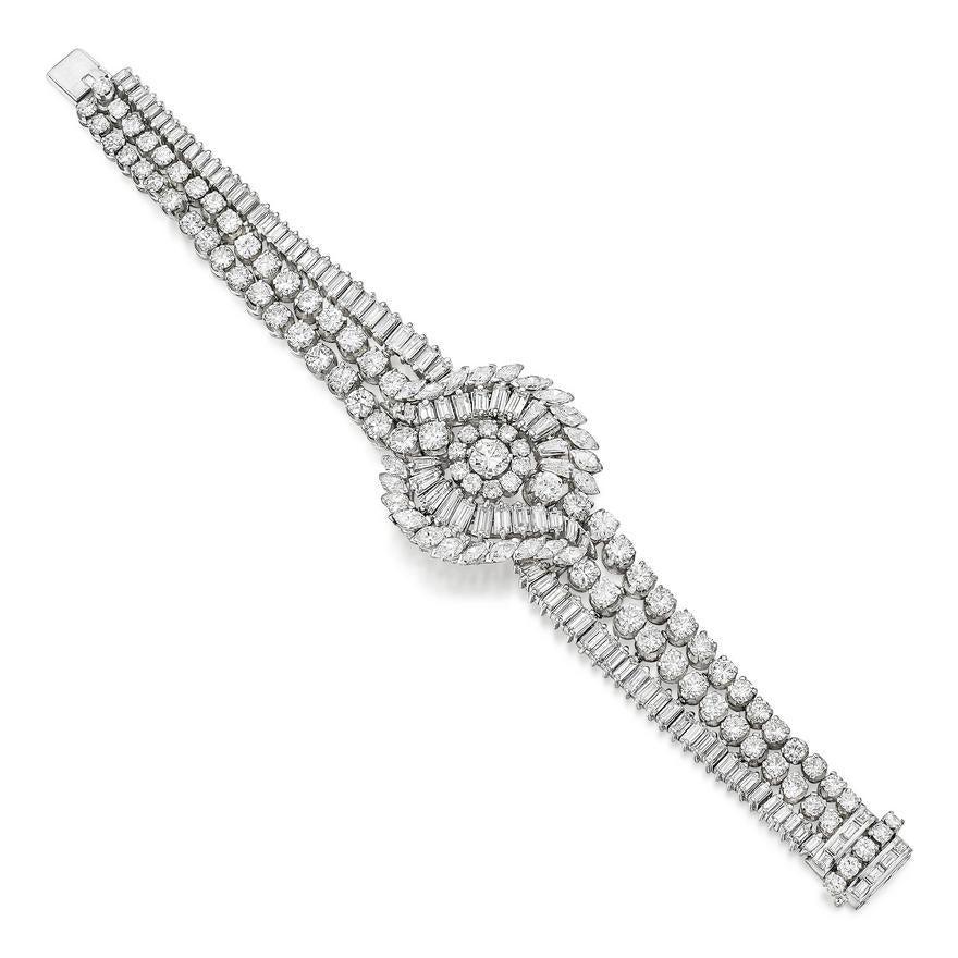 Bracelet Art déco en platine avec diamants tailles mixtes F VS1 de 30,00 carats en vente 3