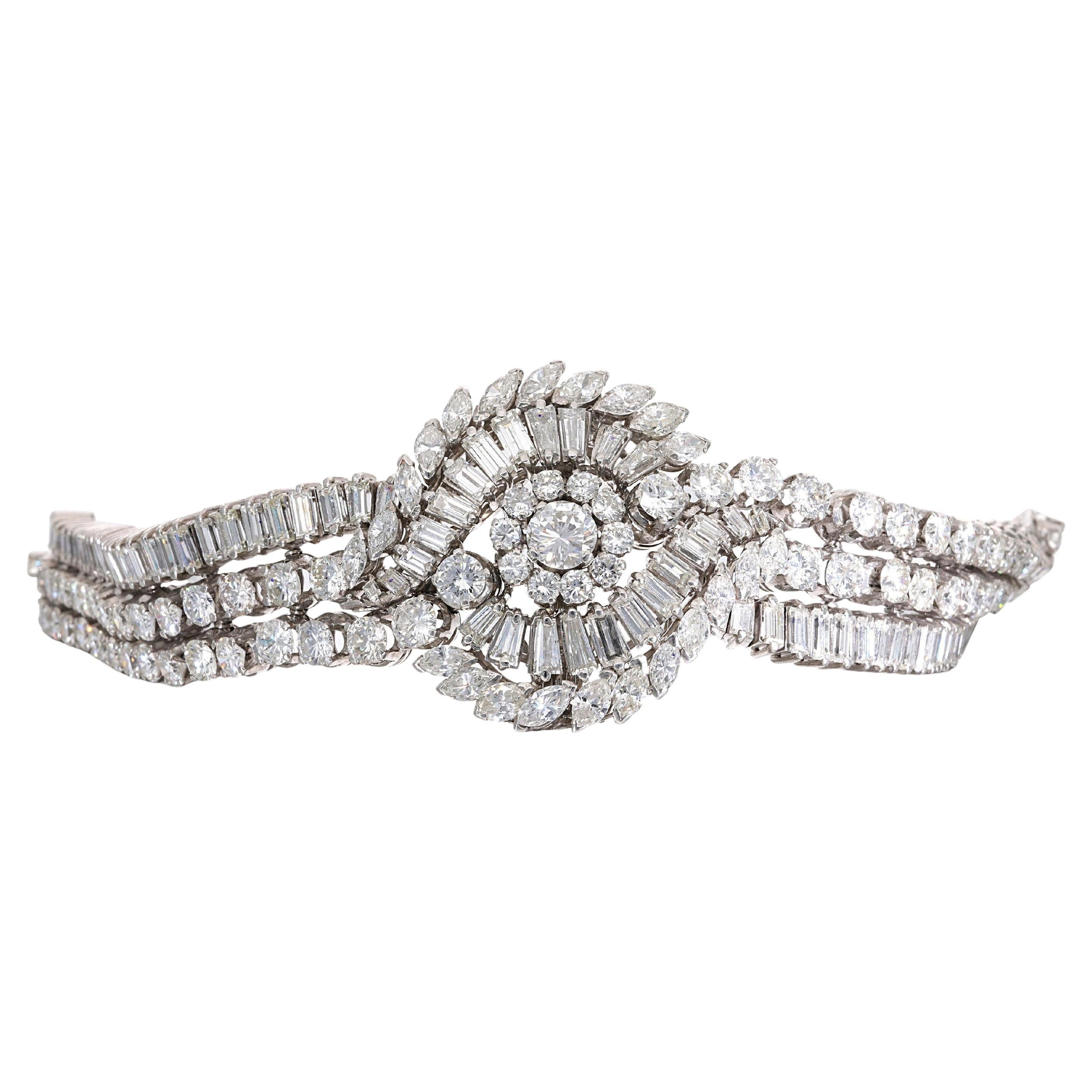 30.00 Carat Mixed Cut F VS1 Diamond Platinum Art-Deco Bracelet