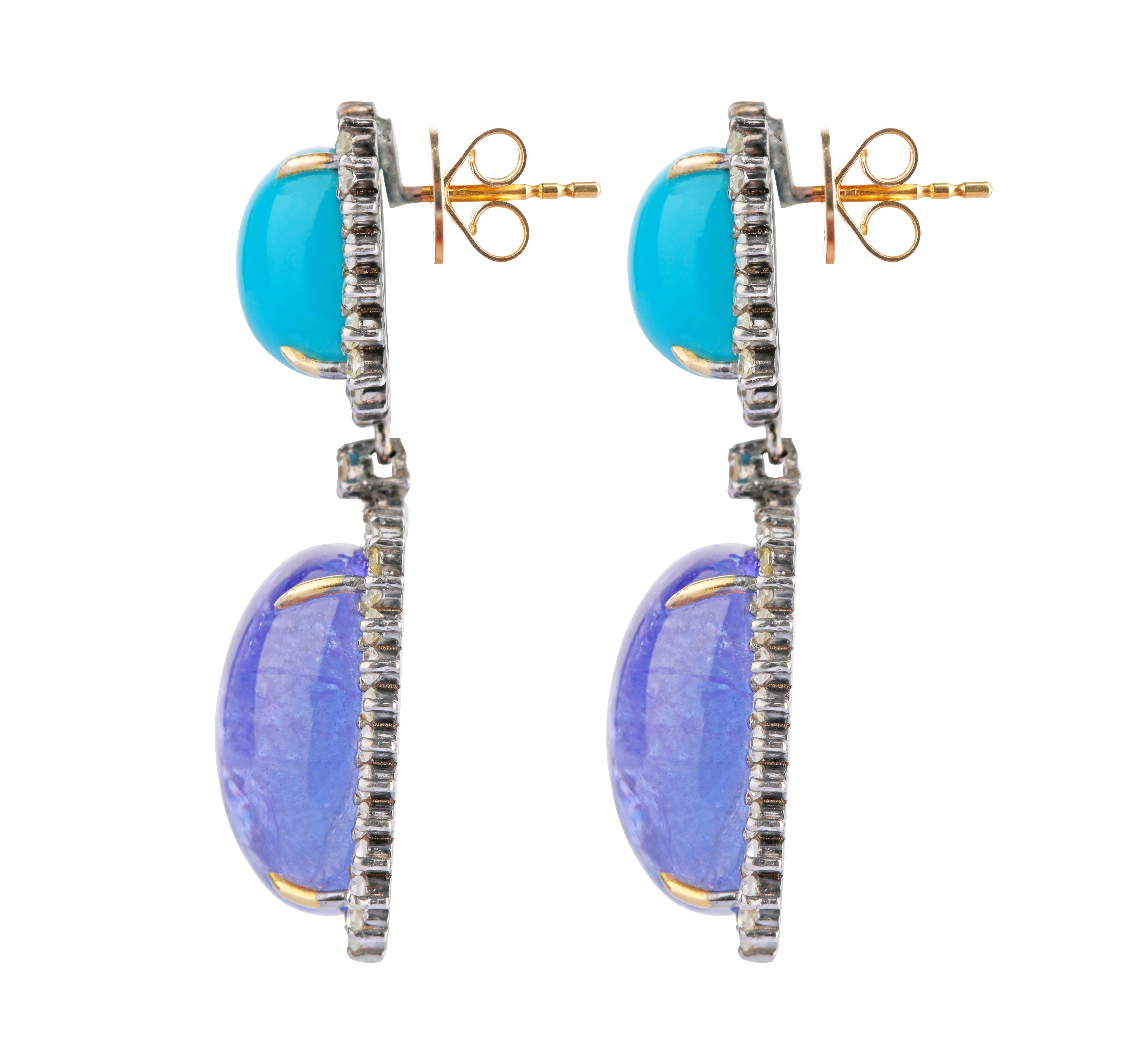 30.07 Carats Diamond, Tanzanite, and Turquoise Dangle Earrings in Modern Style In New Condition For Sale In Jaipur, IN