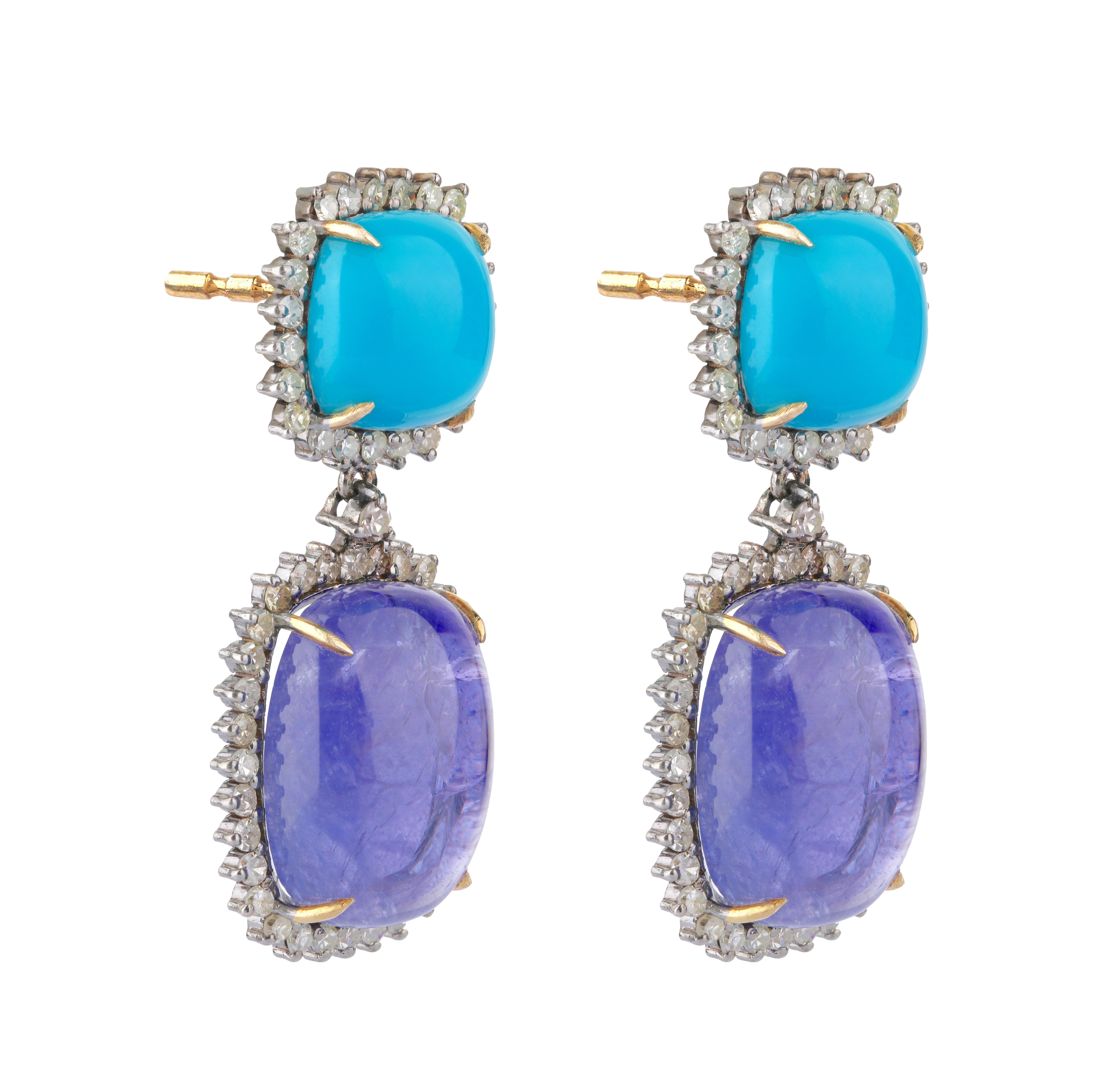 Women's 30.07 Carats Diamond, Tanzanite, and Turquoise Dangle Earrings in Modern Style For Sale