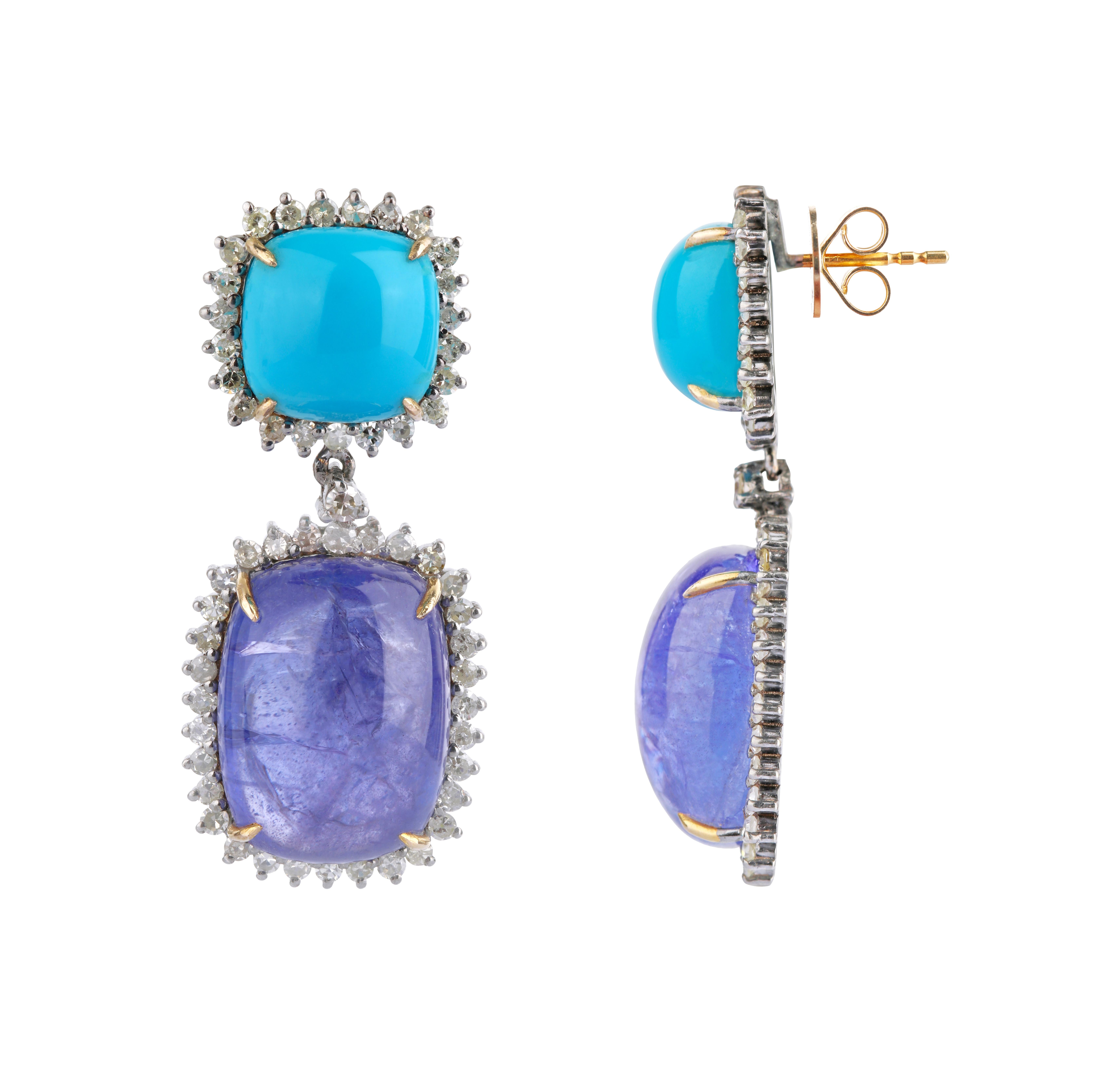 30.07 Carats Diamond, Tanzanite, and Turquoise Dangle Earrings in Modern Style For Sale 1