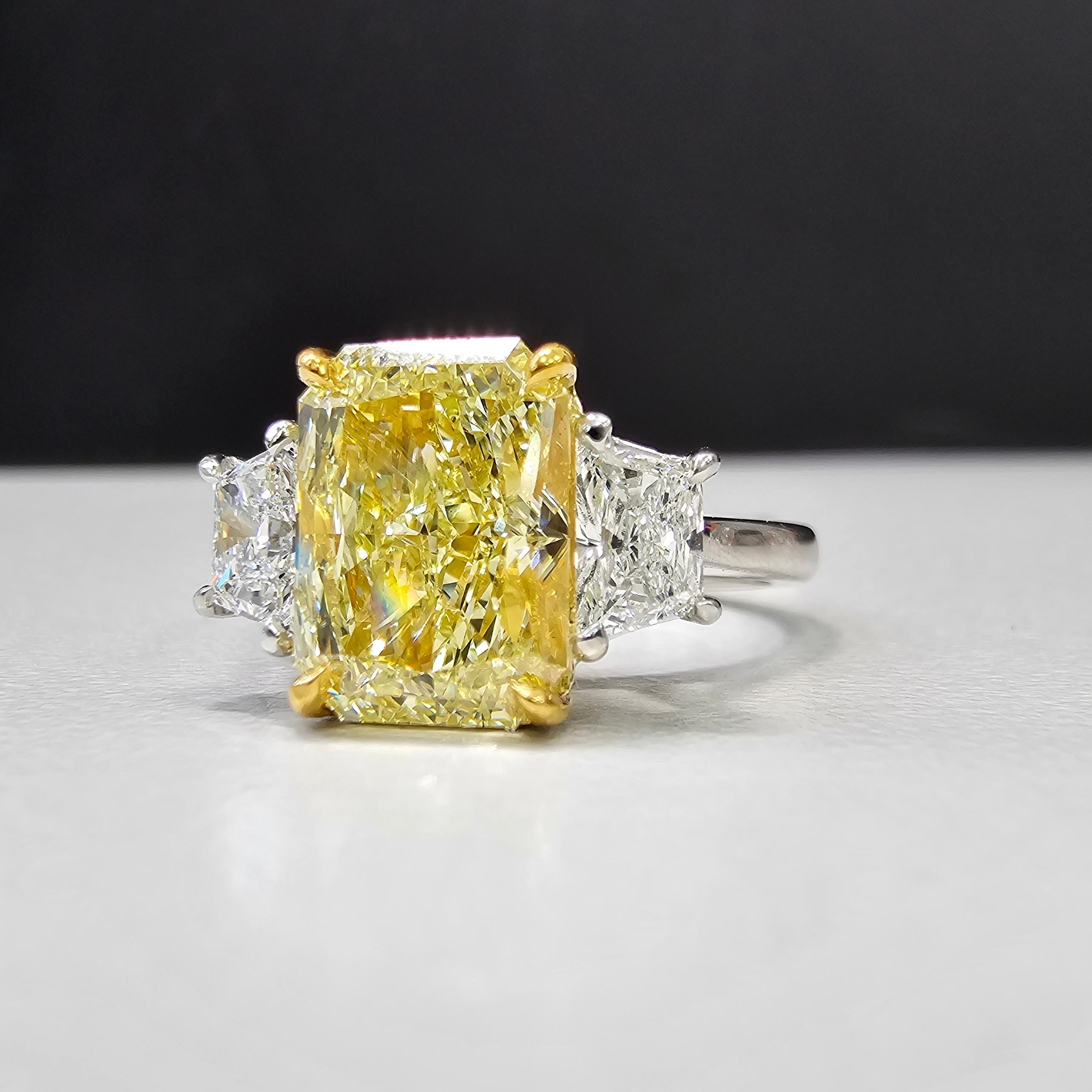 Radiant Cut 3 Carat Fancy Yellow Radiant Diamond Three Stone Ring For Sale