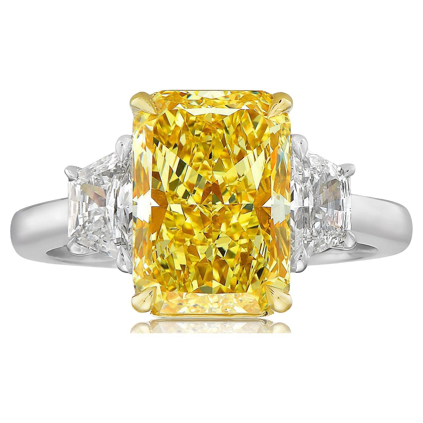 3 Carat Fancy Yellow Radiant Diamond Three Stone Ring