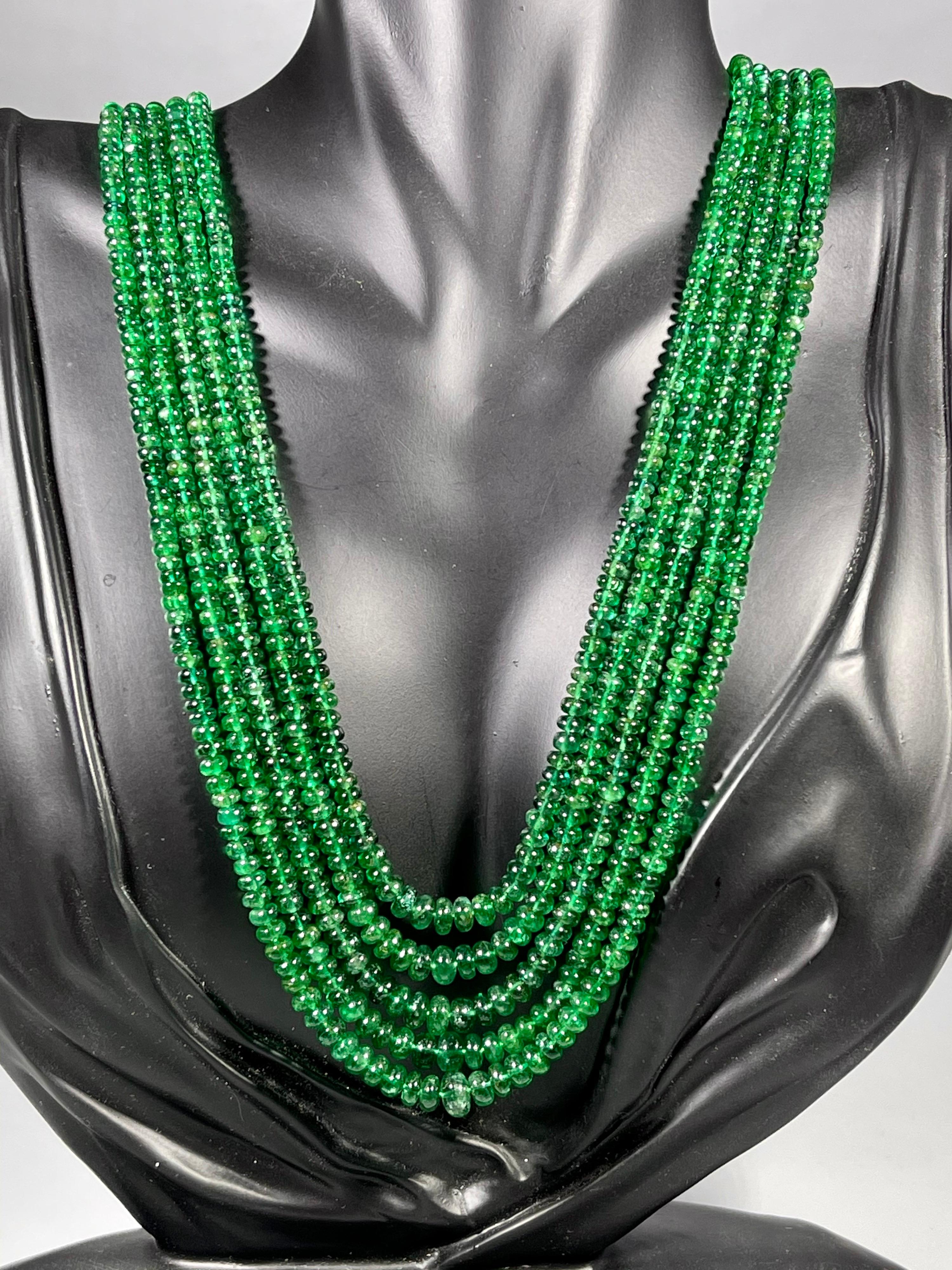 300ct Fine Emerald Beads 5 Line Necklace with 14 kt Yellow Gold Clasp Adjustable For Sale 4