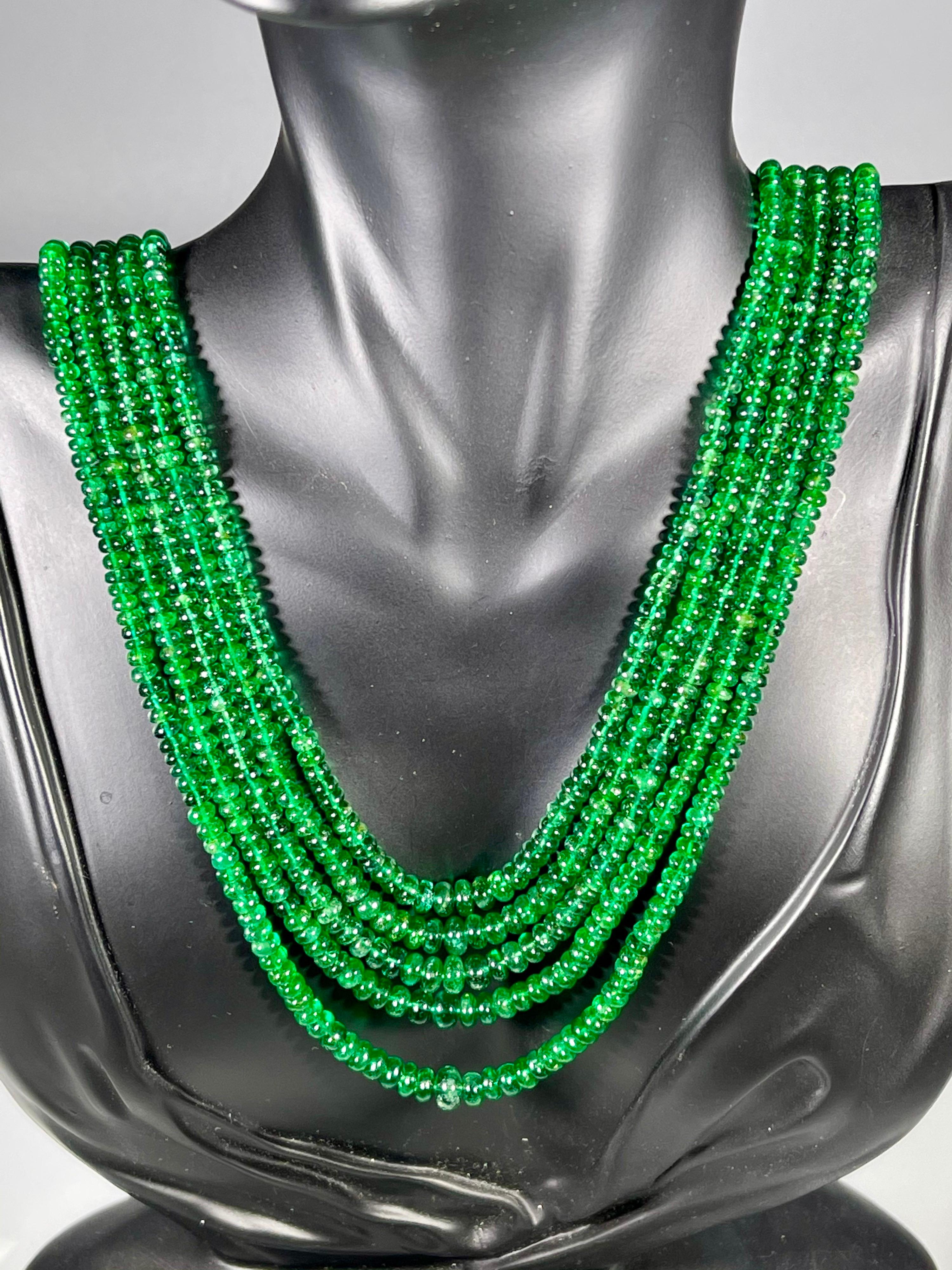 300ct Fine Emerald Beads 5 Line Necklace with 14 kt Yellow Gold Clasp Adjustable For Sale 6