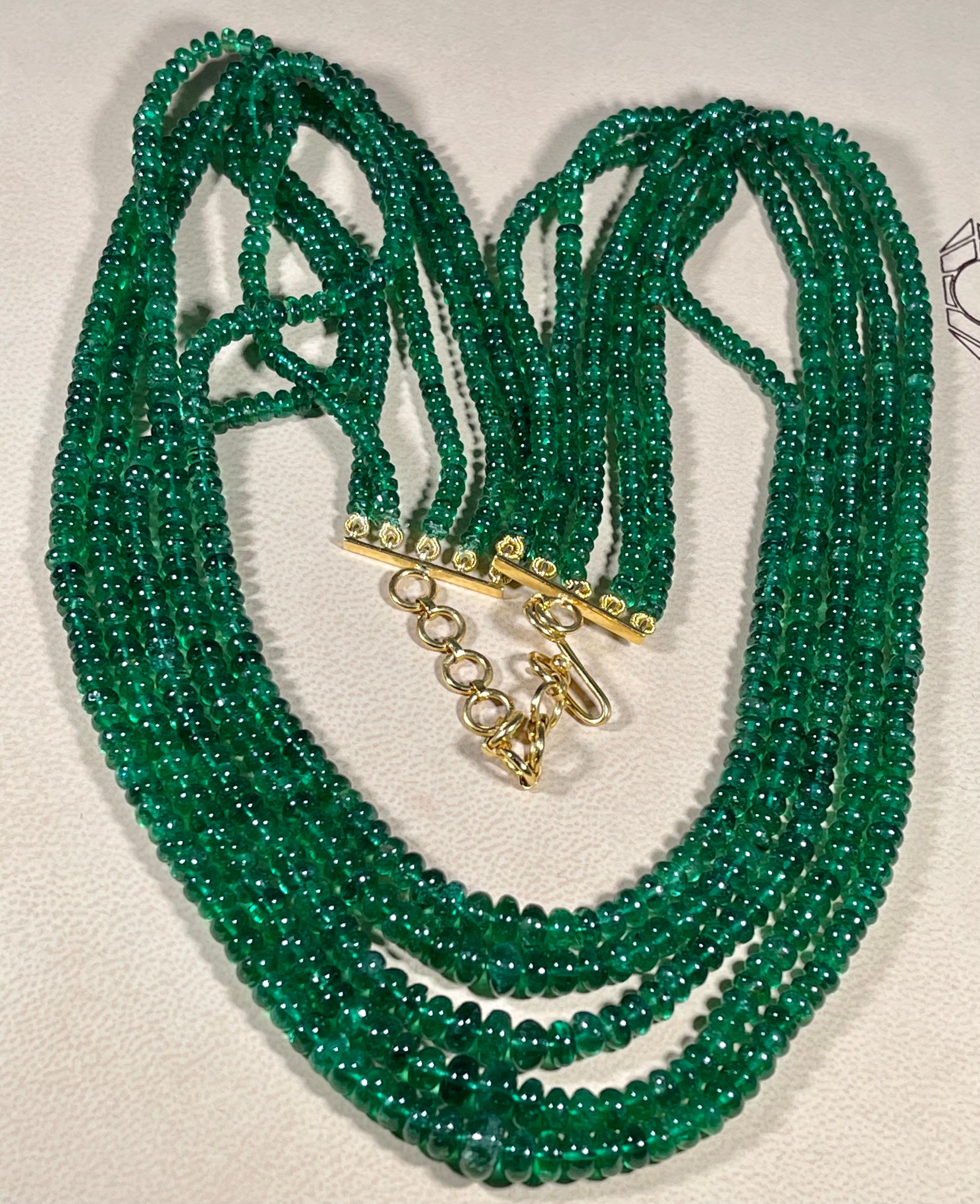 300ct Fine Emerald Beads 5 Line Necklace with 14 kt Yellow Gold Clasp Adjustable For Sale 7