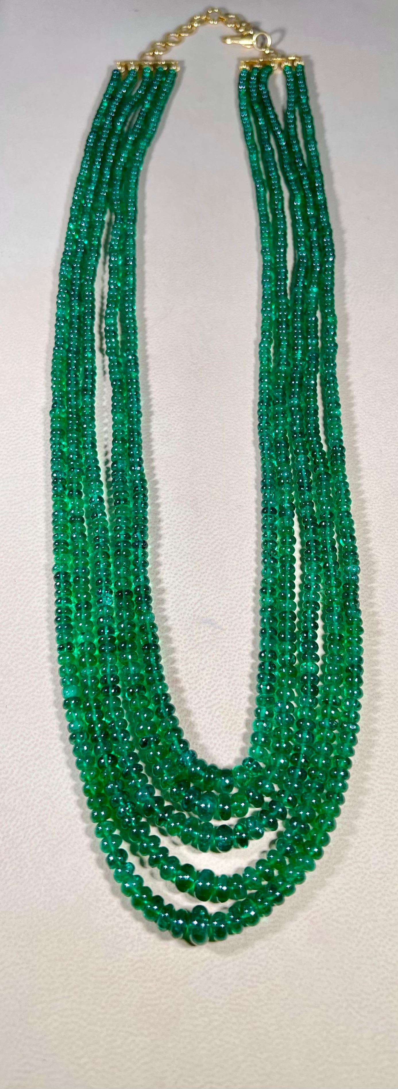 300ct Fine Emerald Beads 5 Line Necklace with 14 kt Yellow Gold Clasp Adjustable For Sale 8